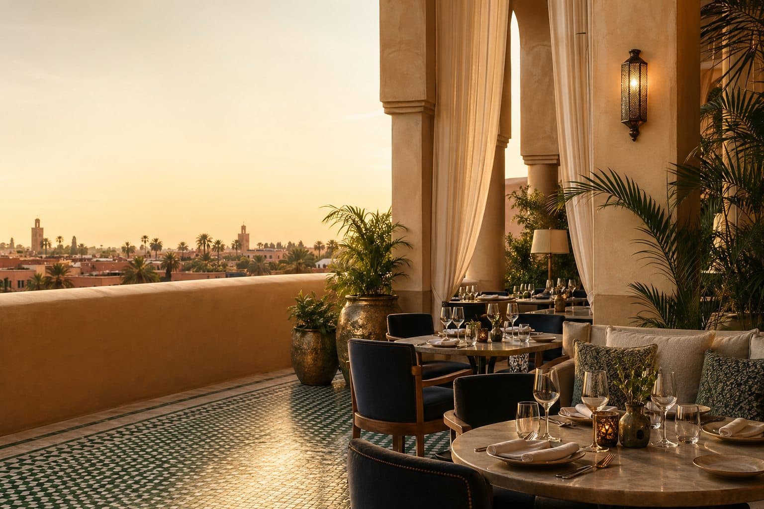 Cinematic luxury hospitality terrace