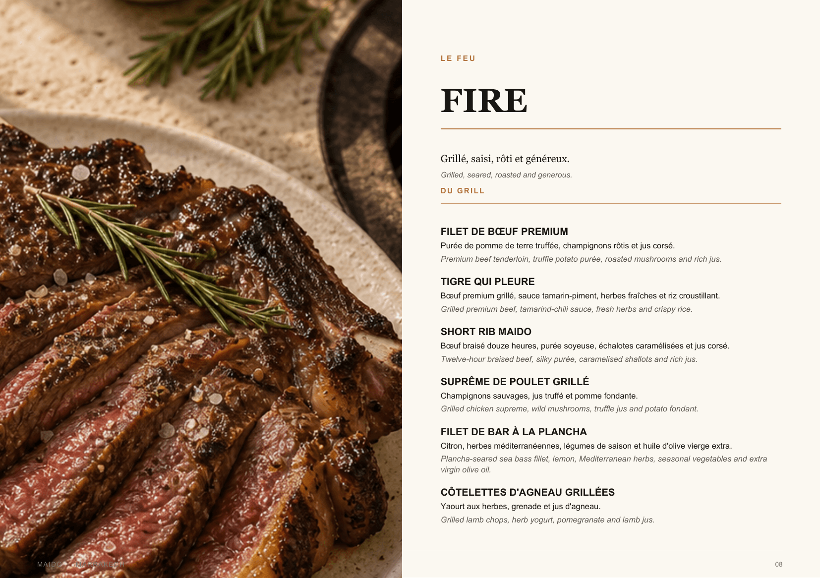 Page Feu du menu du soir LE MAIDO avec une pièce de viande grillée