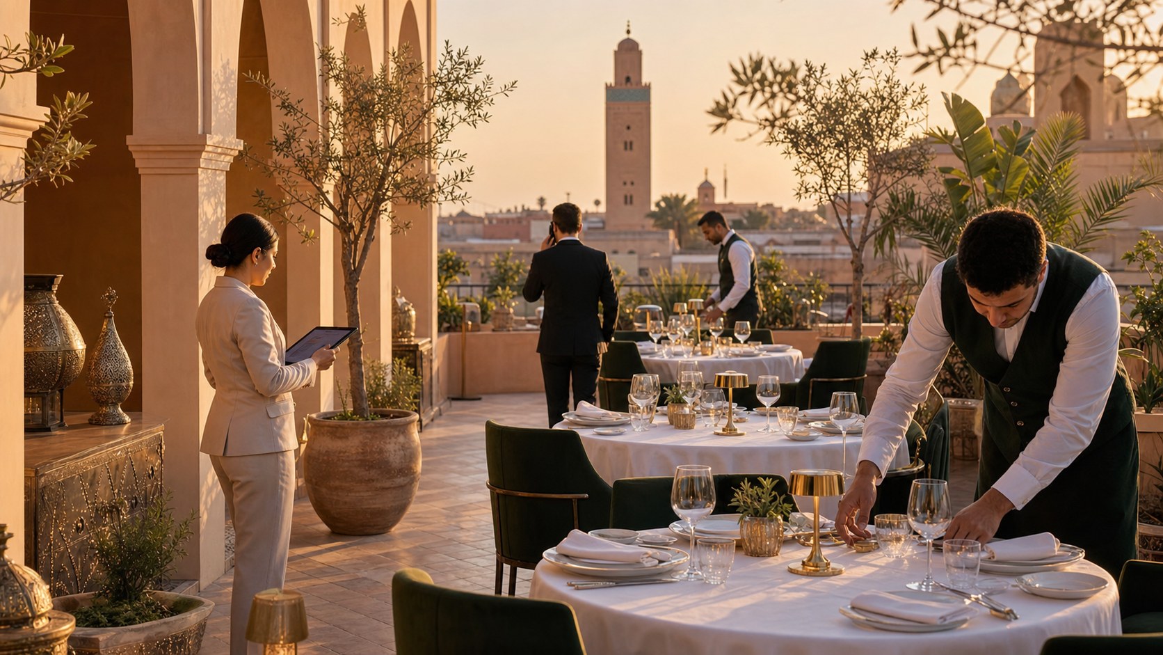 Restaurant team preparing terrace service