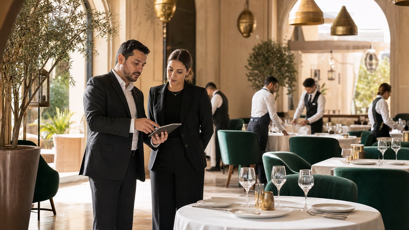Consultants reviewing a restaurant floor