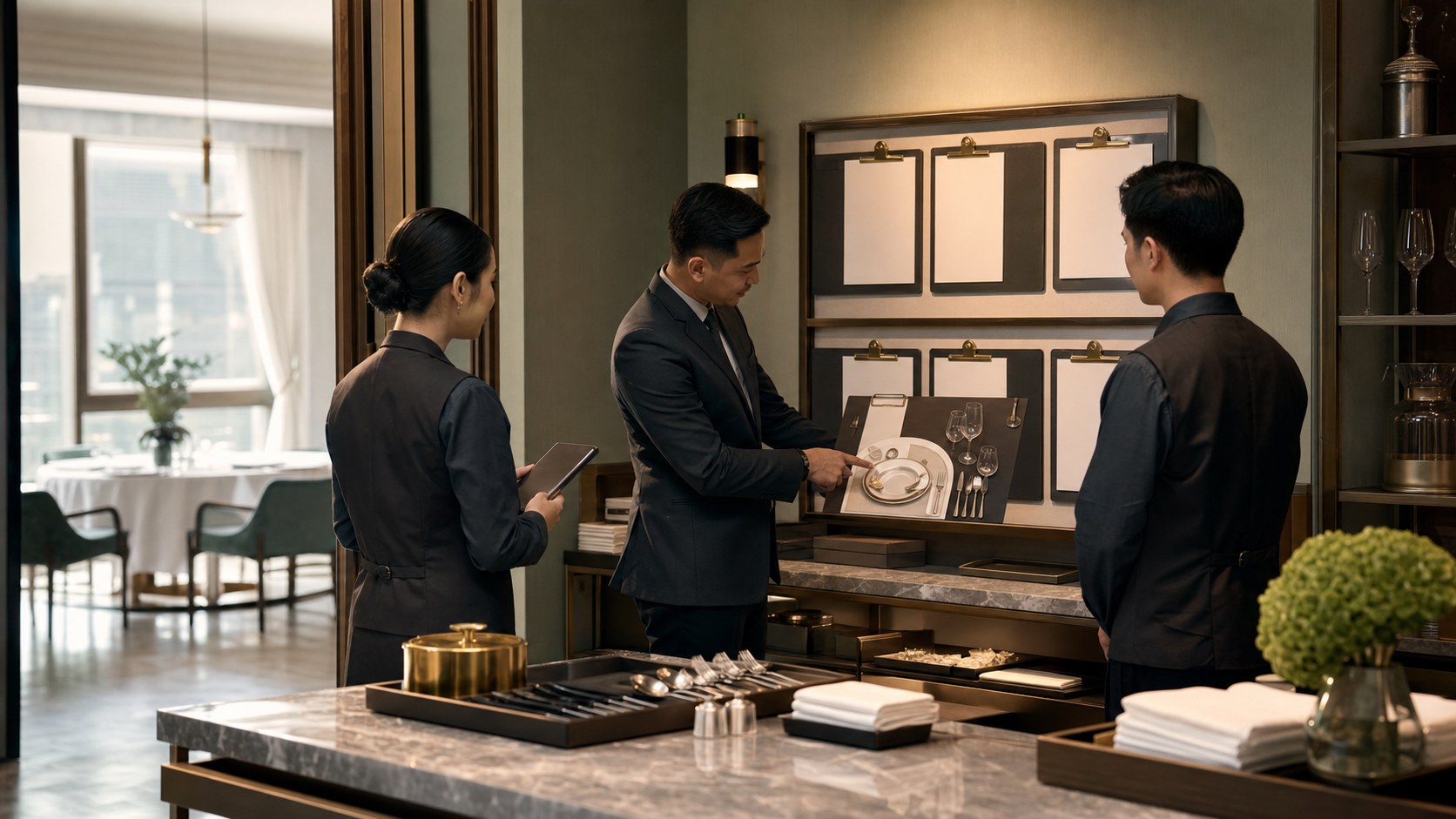 Hospitality team reviewing service standards